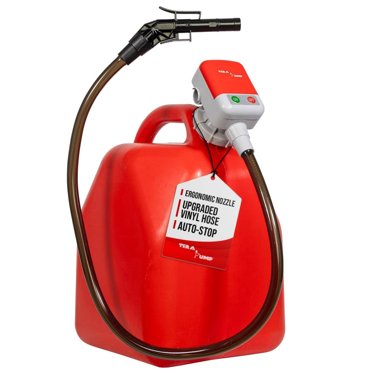 Red fuel transfer pump with ergonomic nozzle and curved discharge hose