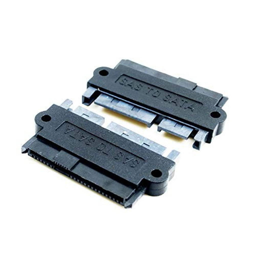 SAS to SATA adapter pair viewed from side, black housings with gold contacts