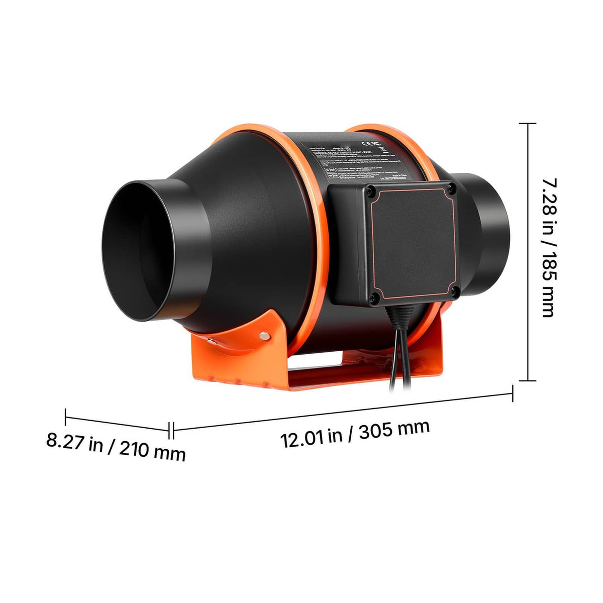 Inline ventilation fan side view, black housing with orange ring and orange mounting base.