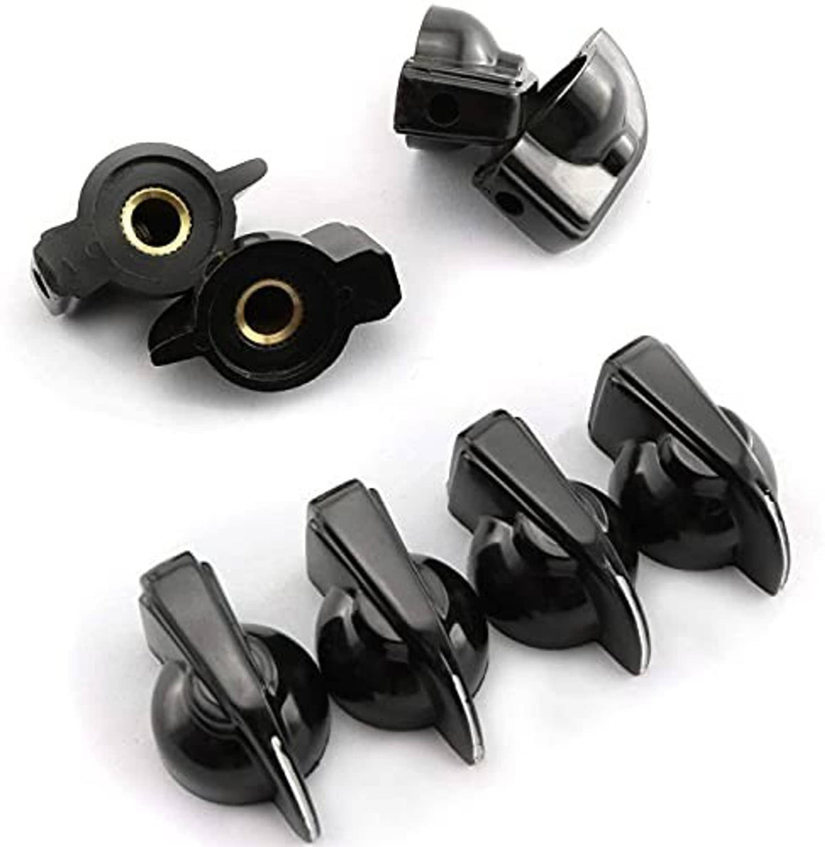 Black chicken-head guitar amp potentiometer knobs, 8-pack; two show gold inserts