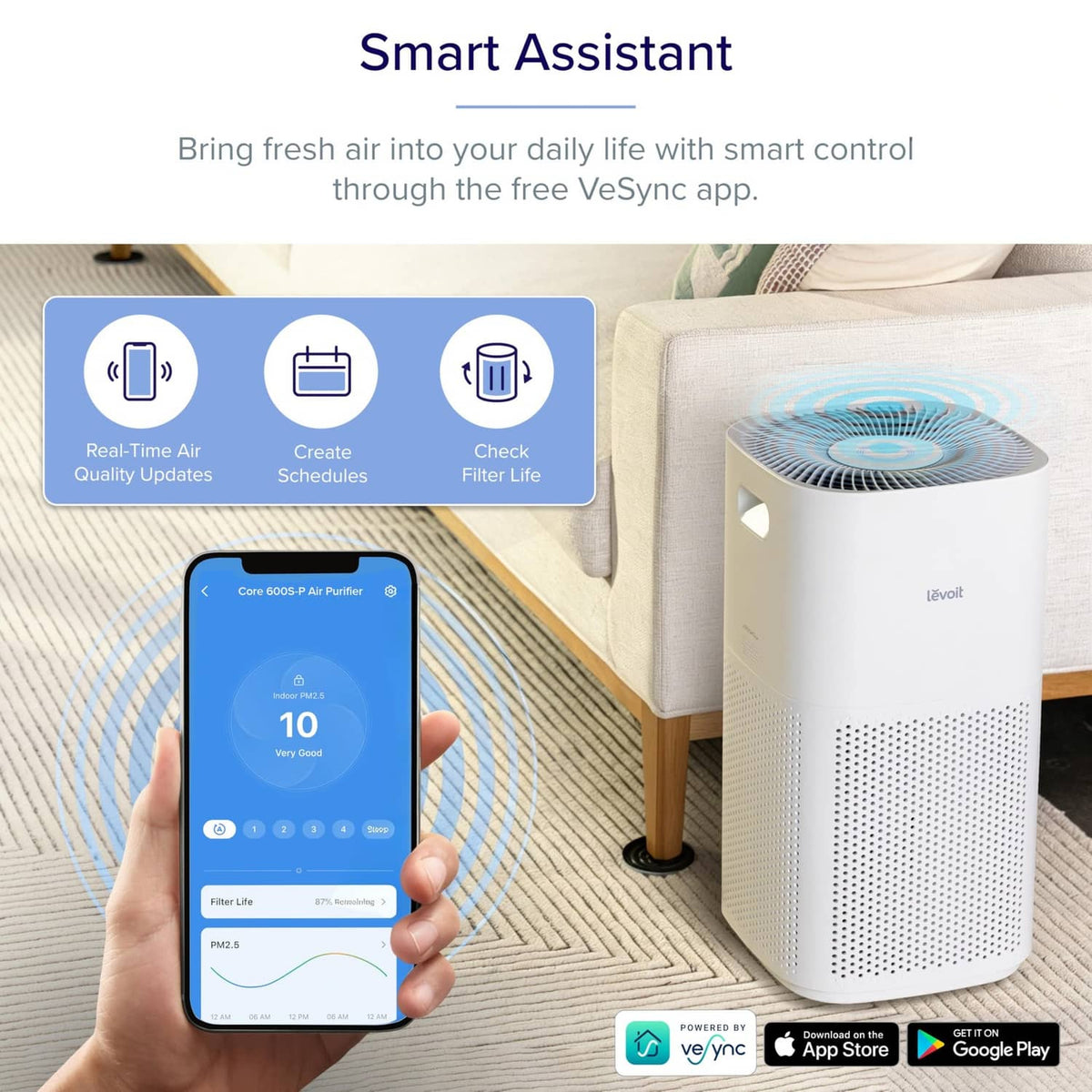 White Levoit air purifier with front perforated grille and circular top vent