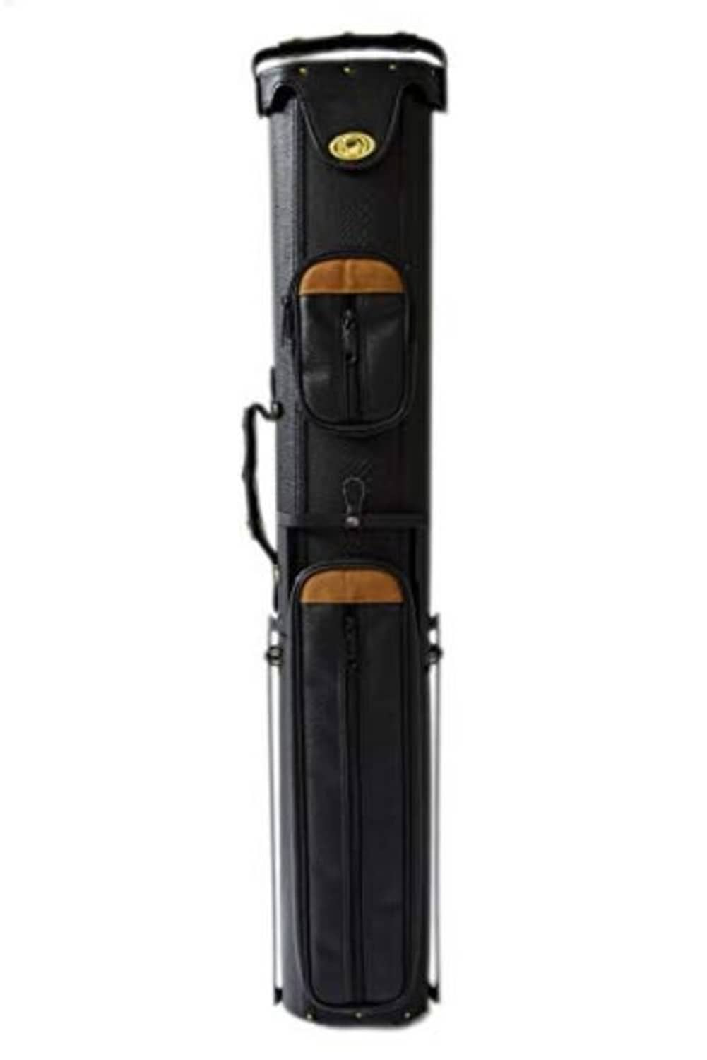 Black hard pool cue case with front panel pockets and hanging carry strap