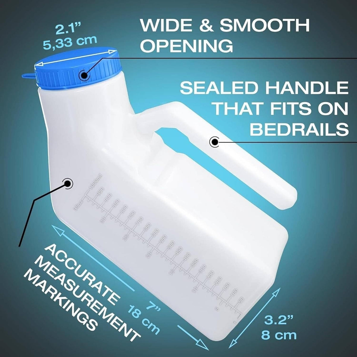 Plastic men's urinal with wide smooth opening and sealed grip handle