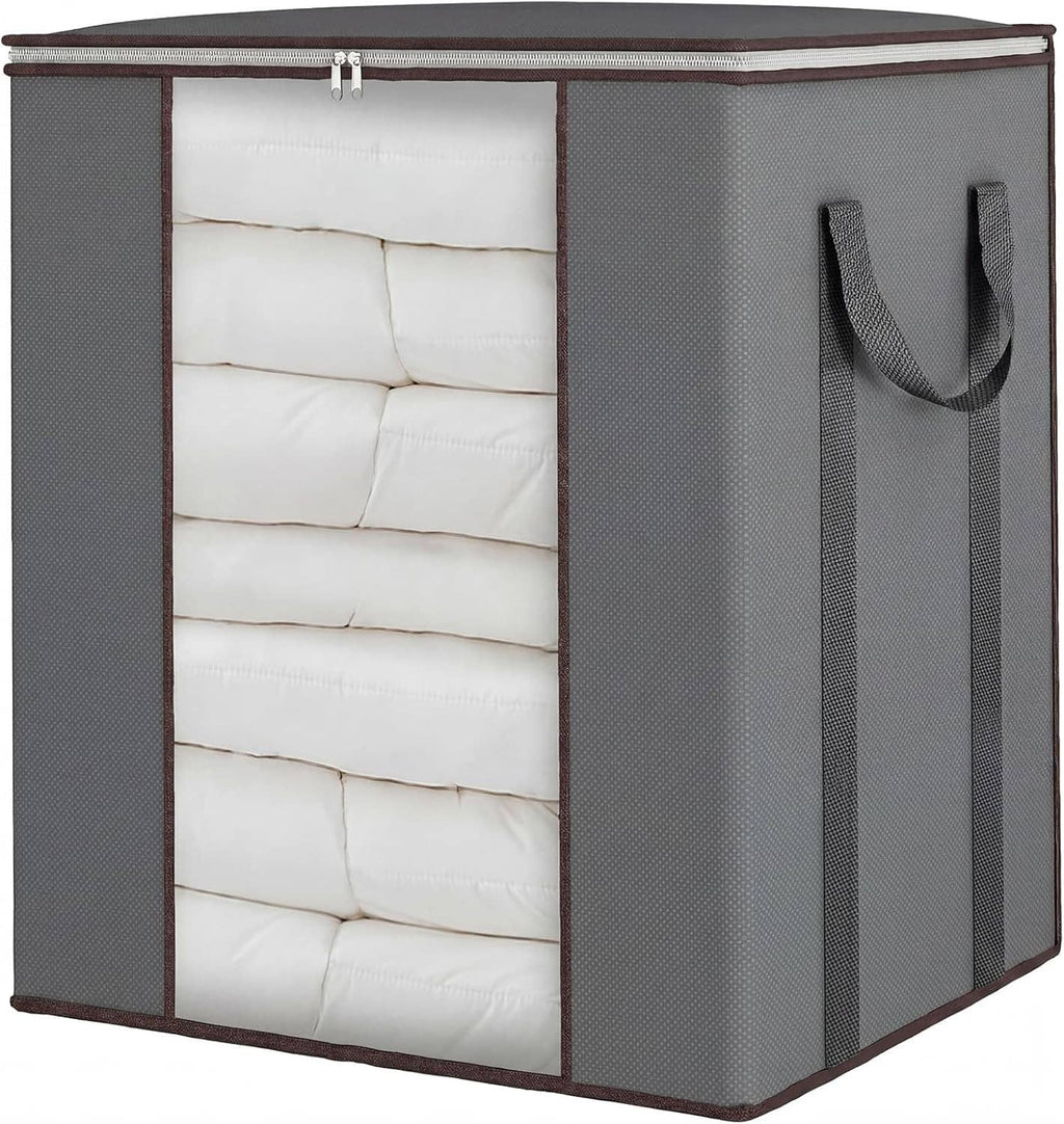 Large 120L comforter storage bag, open front reveals stacked bedding, gray with carry handles.