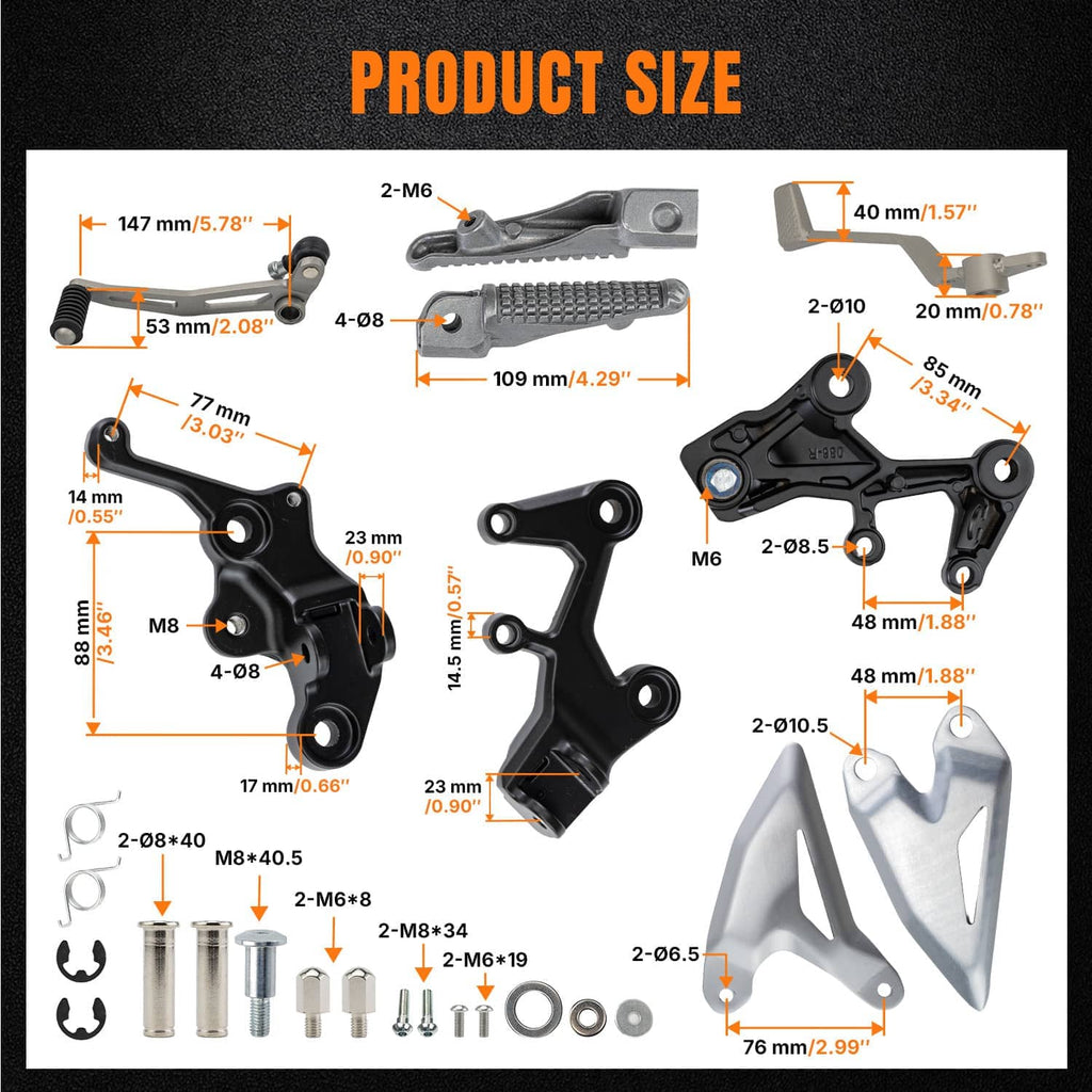 Instruction diagram of motorcycle rearset foot peg bracket kit with dimensions and parts