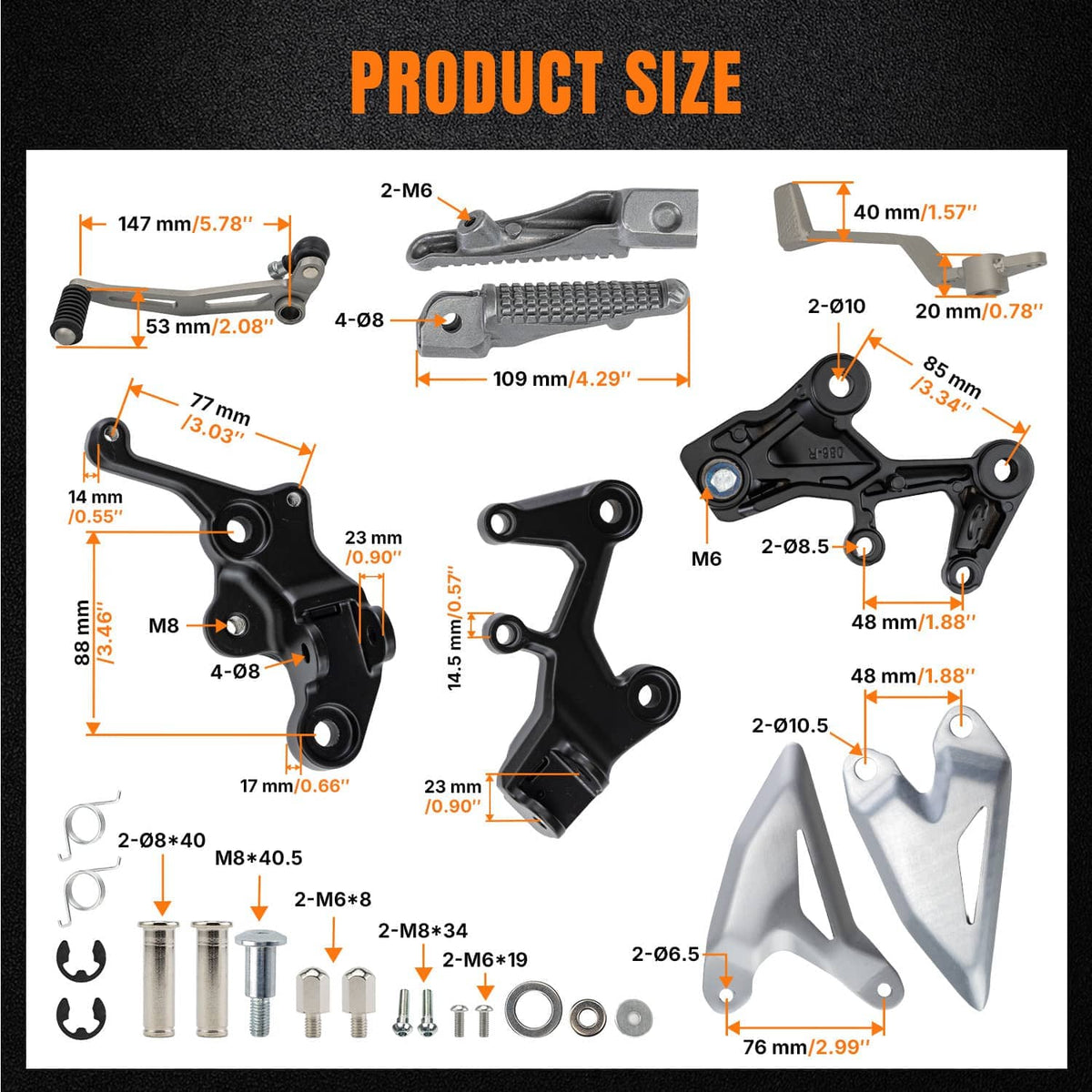 Instruction diagram of motorcycle rearset foot peg bracket kit with dimensions and parts
