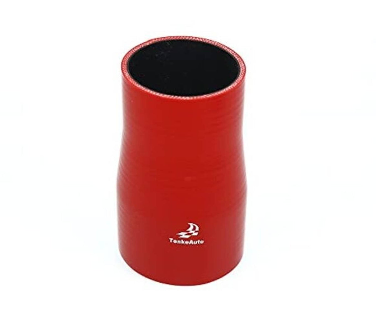 Red silicone hose reducer coupler with black inner opening and stitched rim