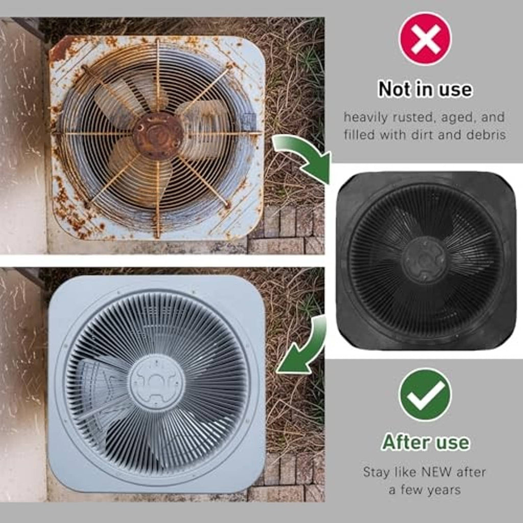 Outdoor mesh AC cover protecting fan unit, shown after use