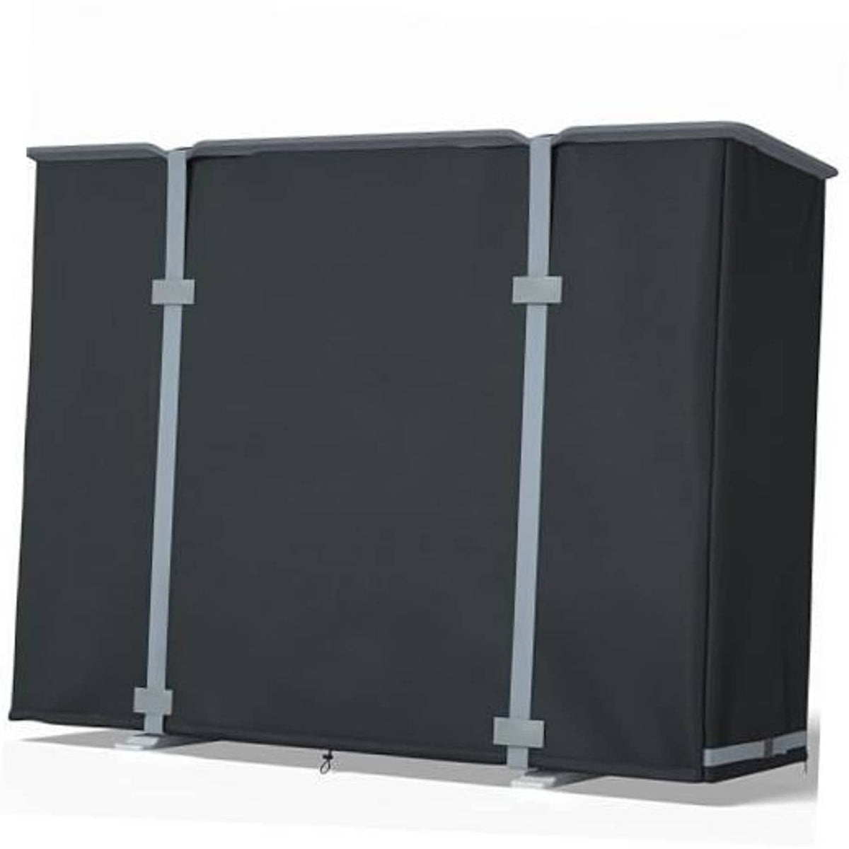 Outdoor mini split AC cover in dark fabric with four adjustable corner straps.