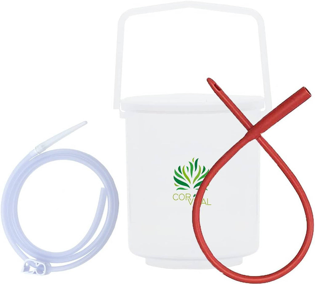 Enema kit bucket with red tube and clear hose loop, with ORTIVAL logo