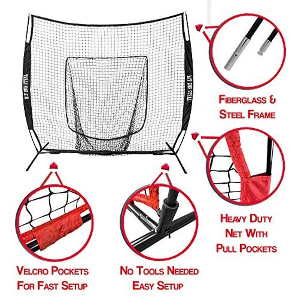 Baseball practice net with white mesh, black frame, and reinforced front target pocket