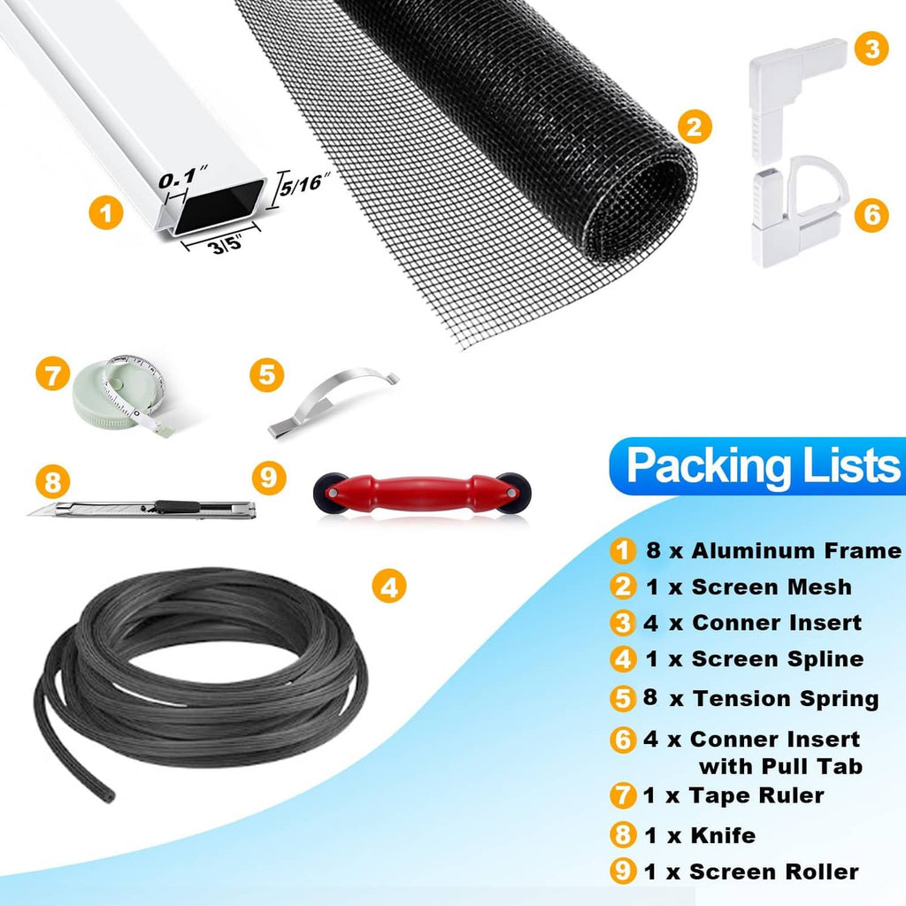 Window screen mesh roll, white corner inserts, and included tools with packing list