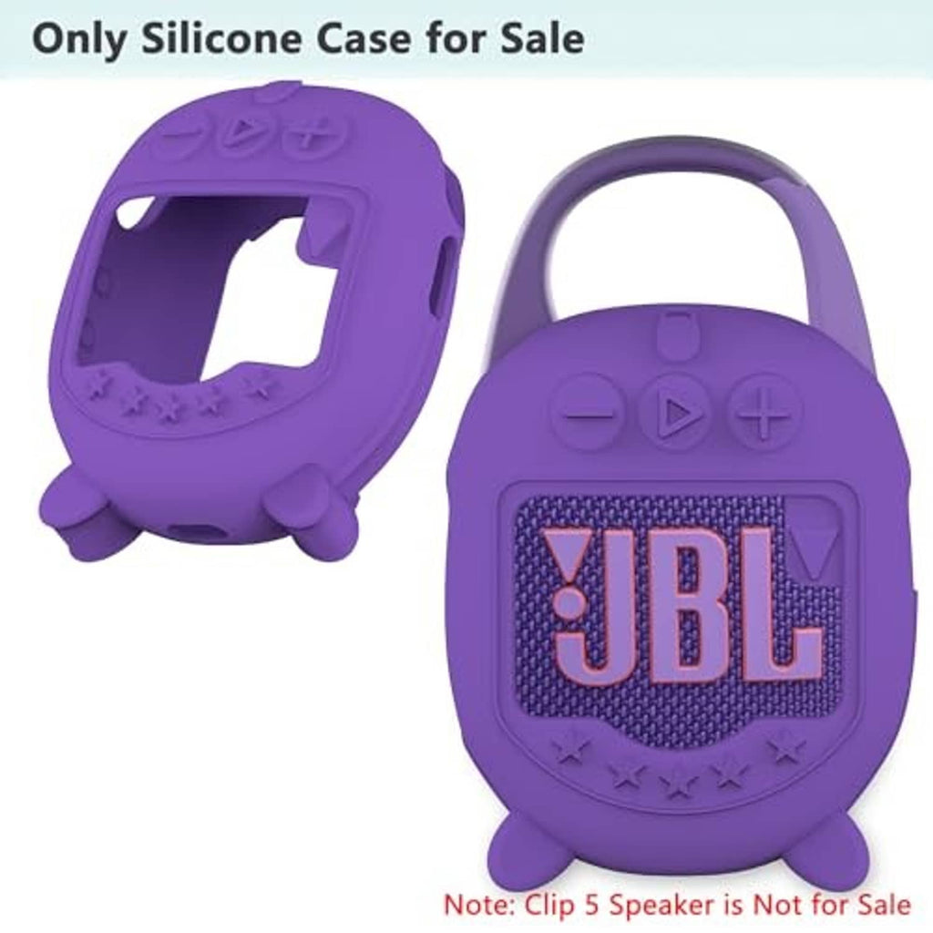 Purple silicone speaker case, back view with open cutout and three feet