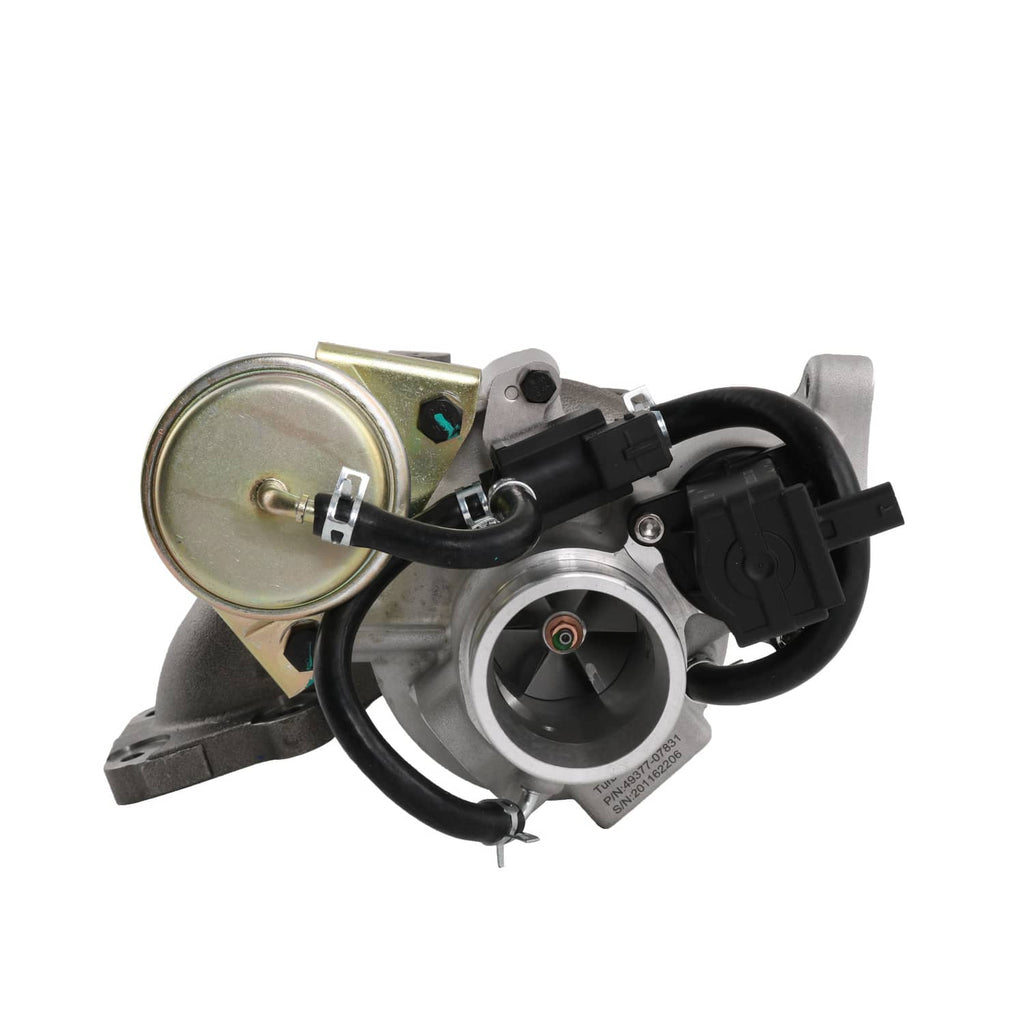Turbocharger assembly front view with black wiring, gold actuator cap, and compressor