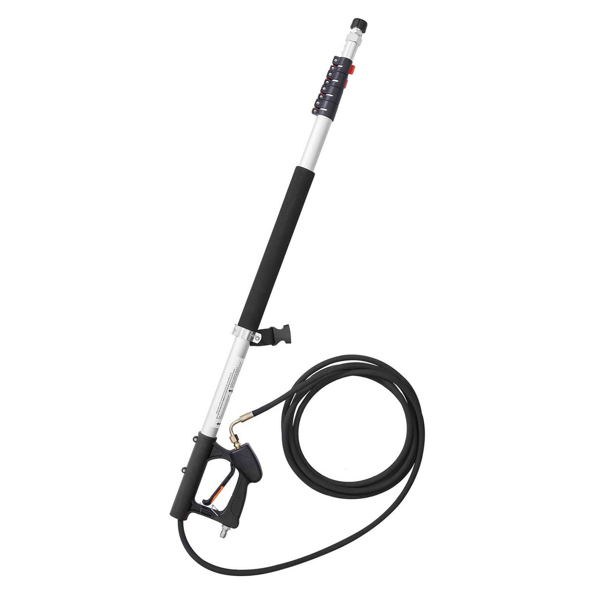 Telescoping pressure washer wand with spray gun and black hose line