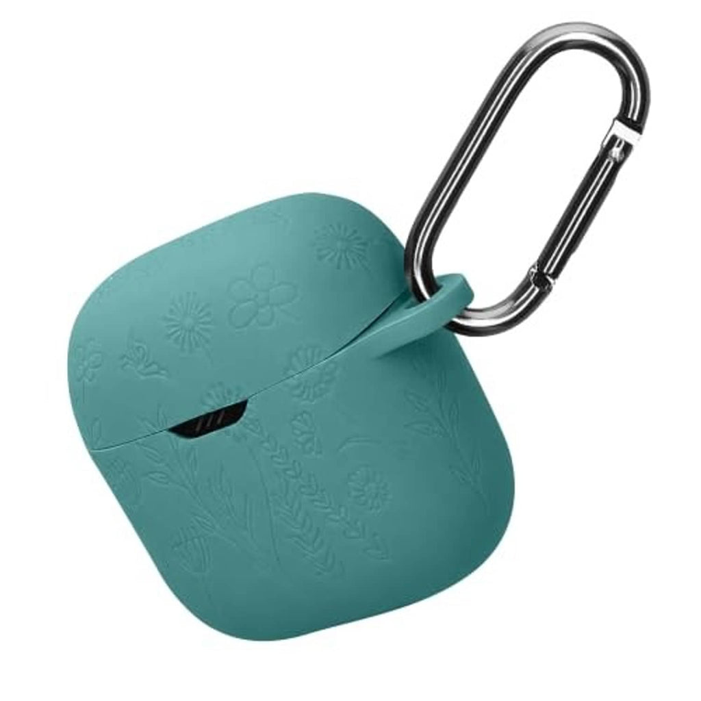 Teal silicone earbud case cover with embossed pattern and metal carabiner strap ring