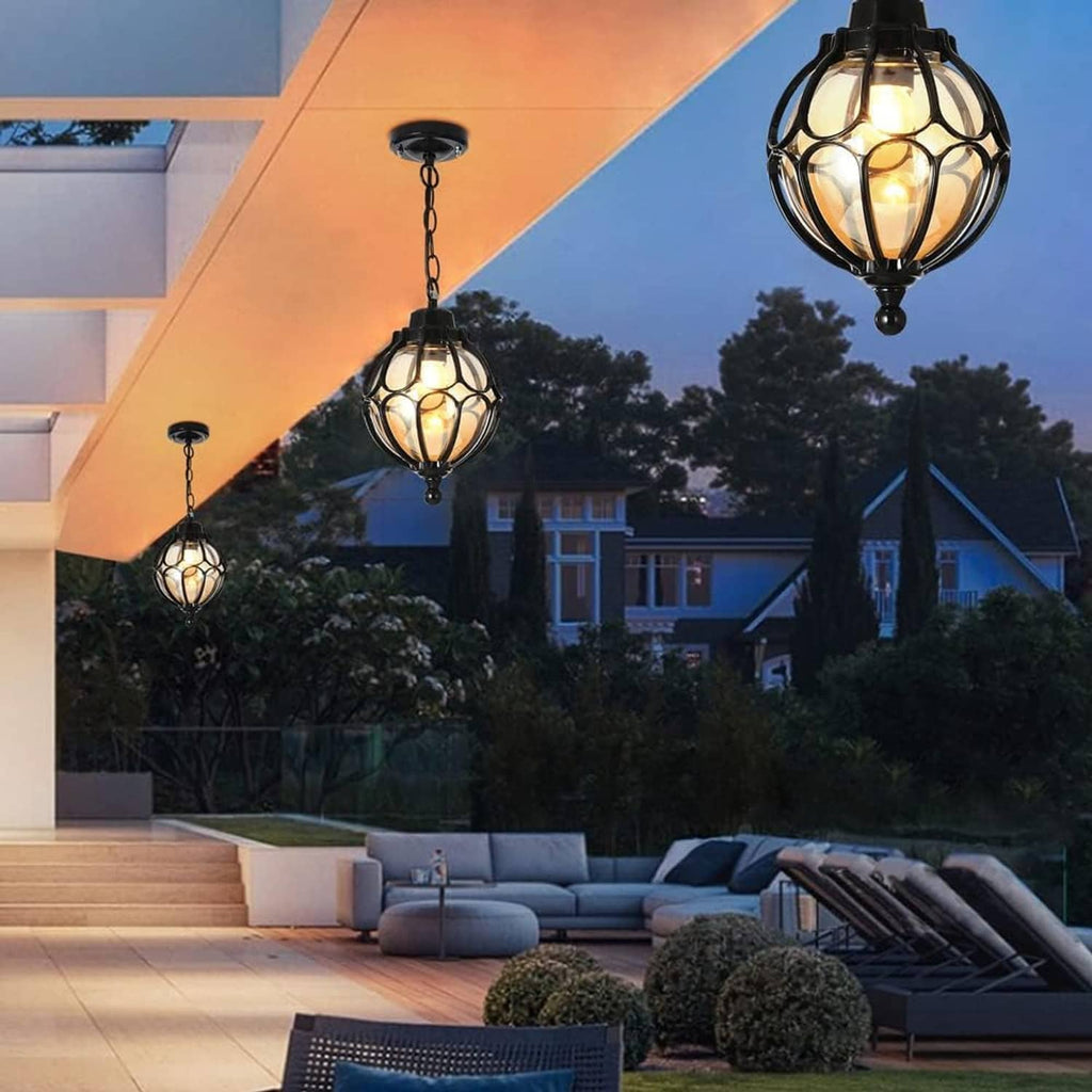 Outdoor hanging pendant light set with black lantern shades on chains