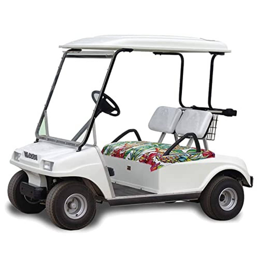 Golf cart seat cover set installed on a golf cart: gray headrests, floral cushions