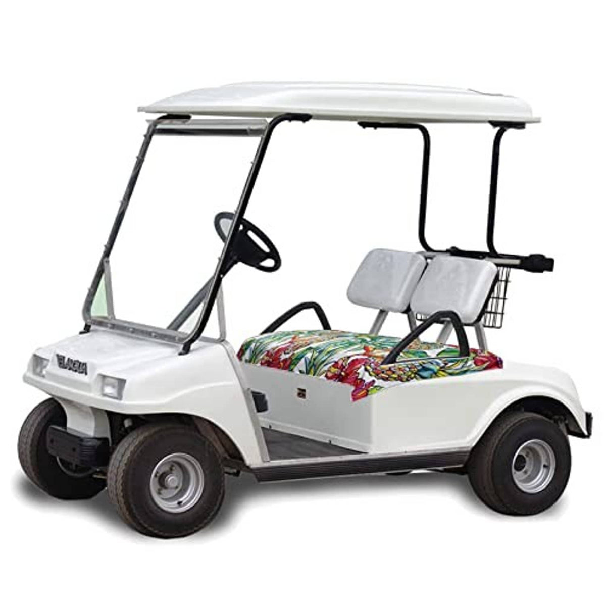 Golf cart seat cover set installed on a golf cart: gray headrests, floral cushions