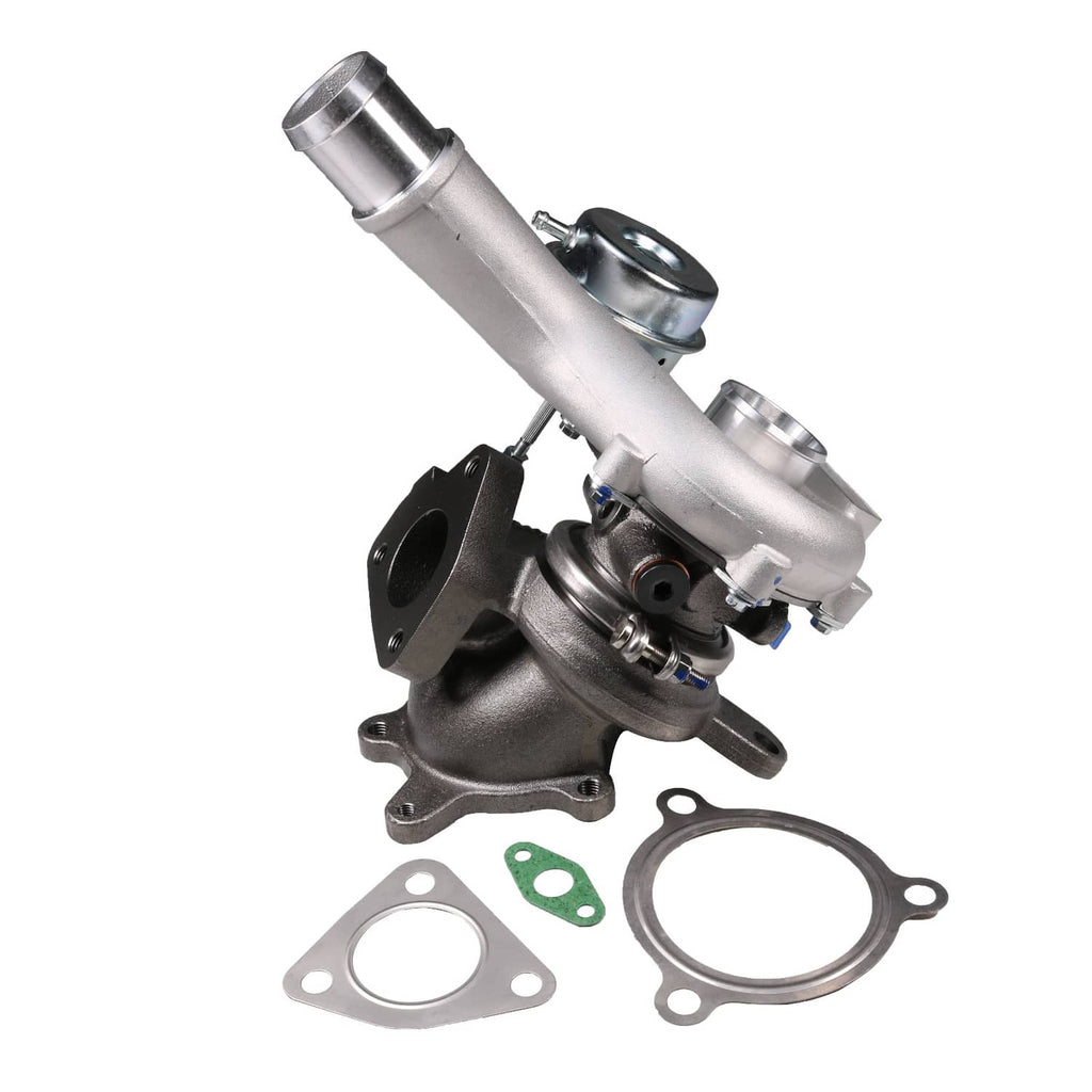Turbocharger assembly with inlet and exhaust housings, plus gaskets and mounting hardware