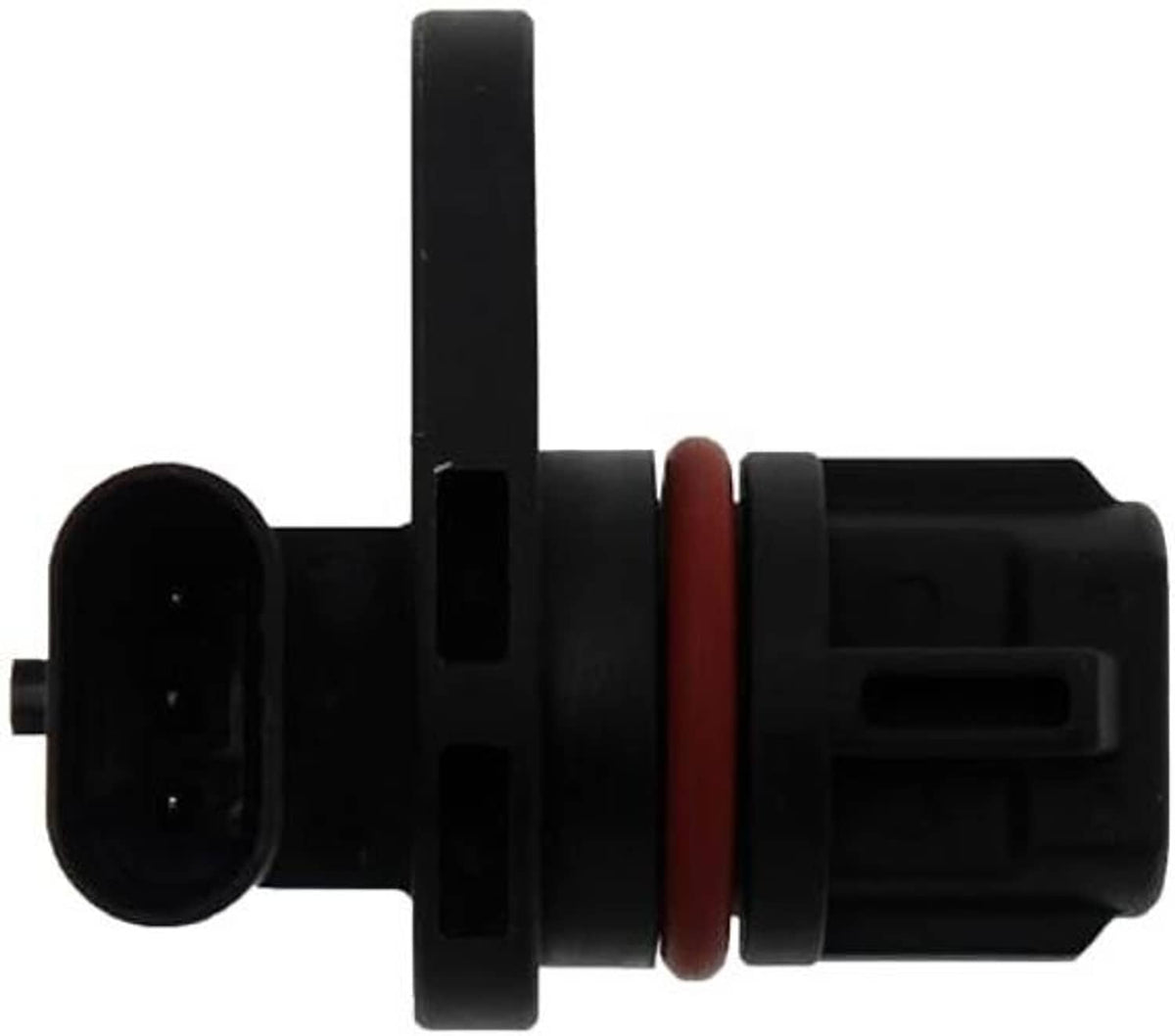 Camshaft position sensor with round black connector, red seal ring, and mounting tab