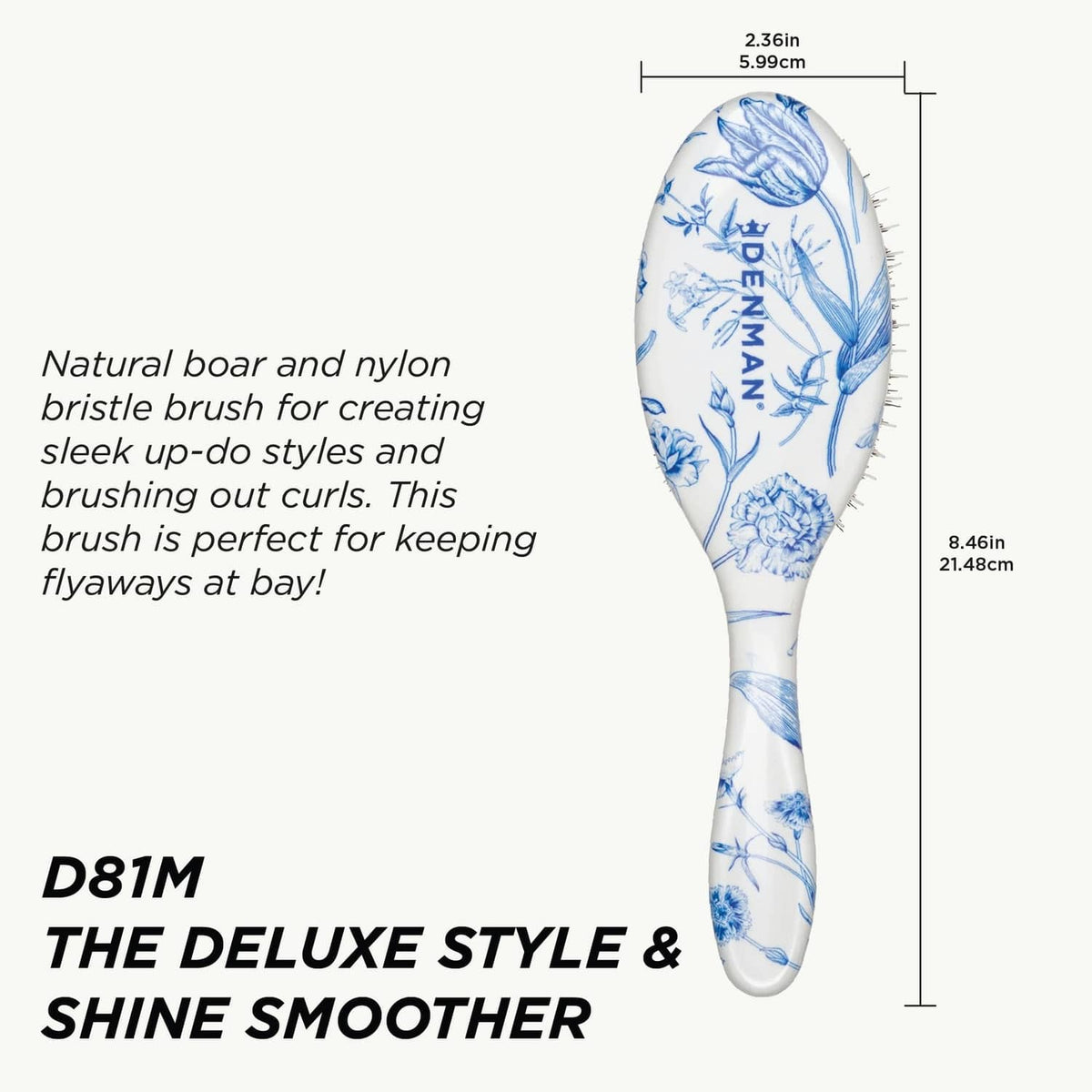 Paddle hair brush with blue floral handle and mixed bristles for smooth styling