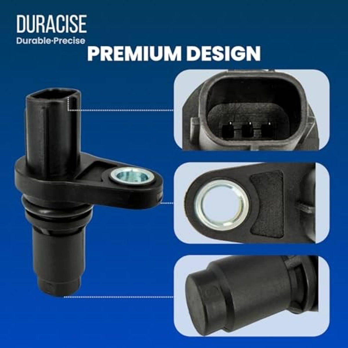 Camshaft position sensor with top connector and side circular metal sensor detail