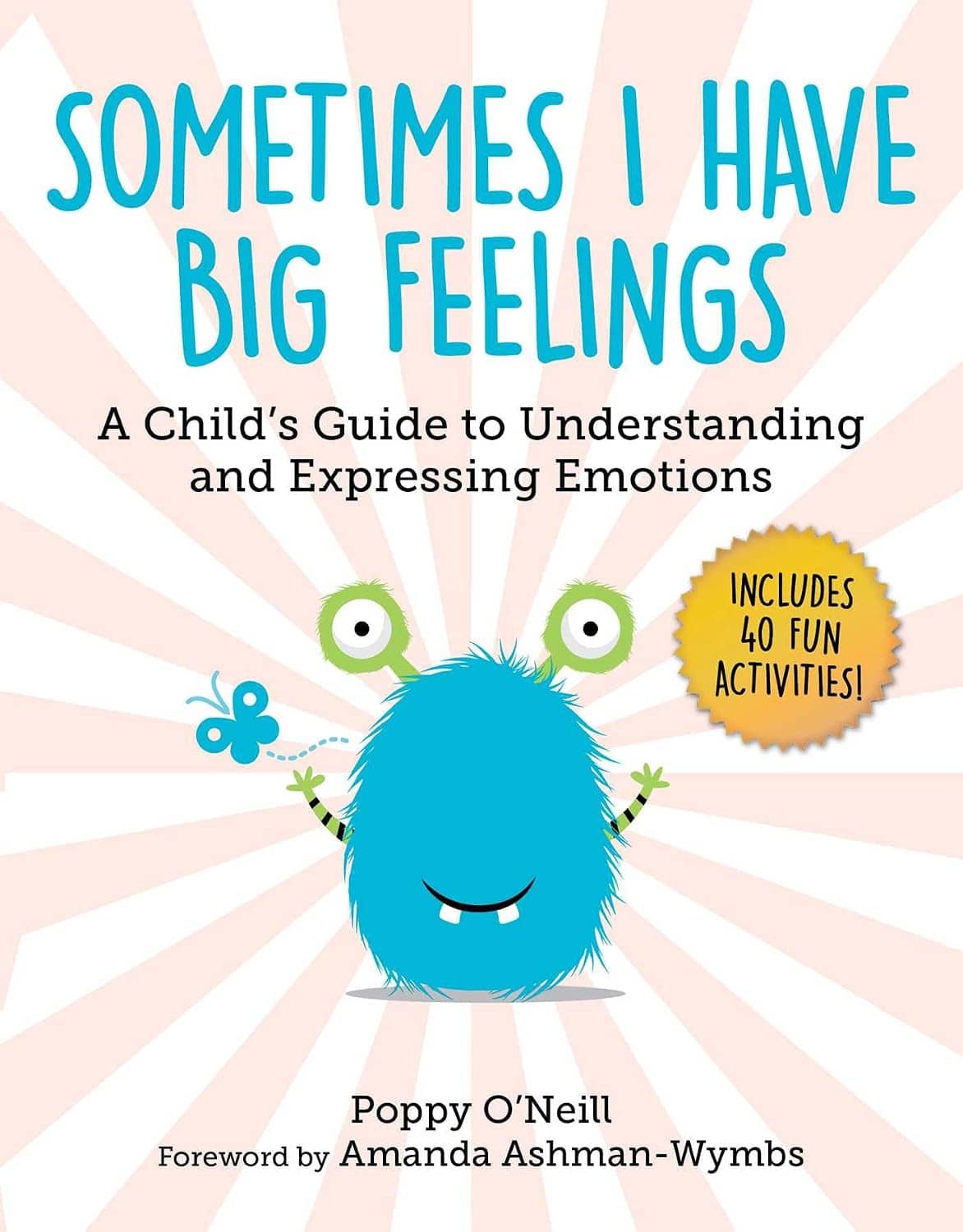 Children's emotions guide book cover with teal blue monster and yellow 'includes 40' badge