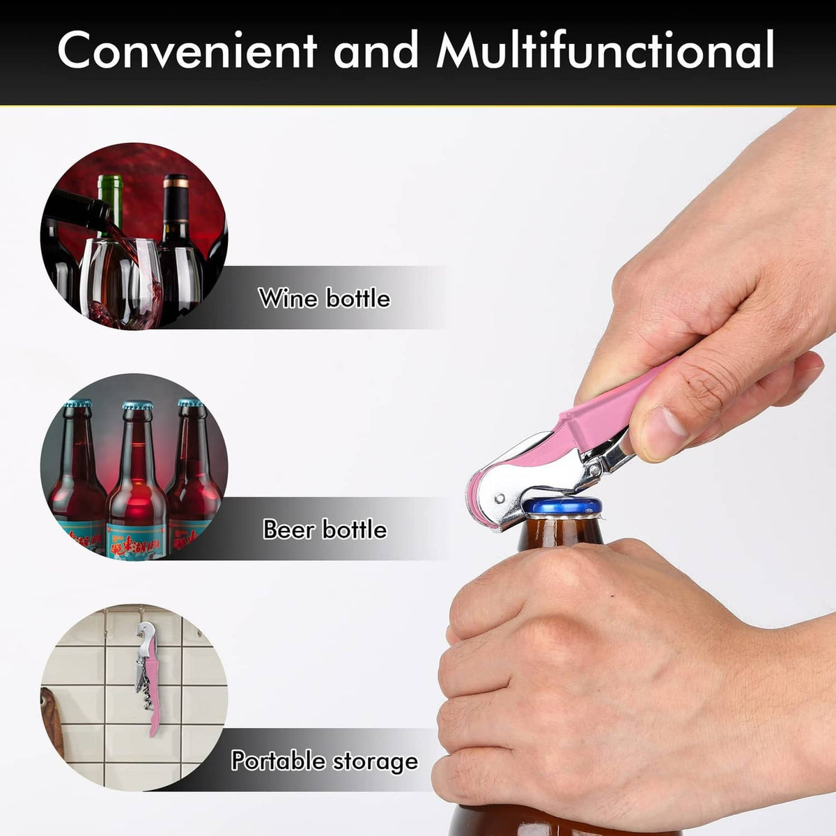 Pink waiter corkscrew wine opener in use by hand, stainless steel body