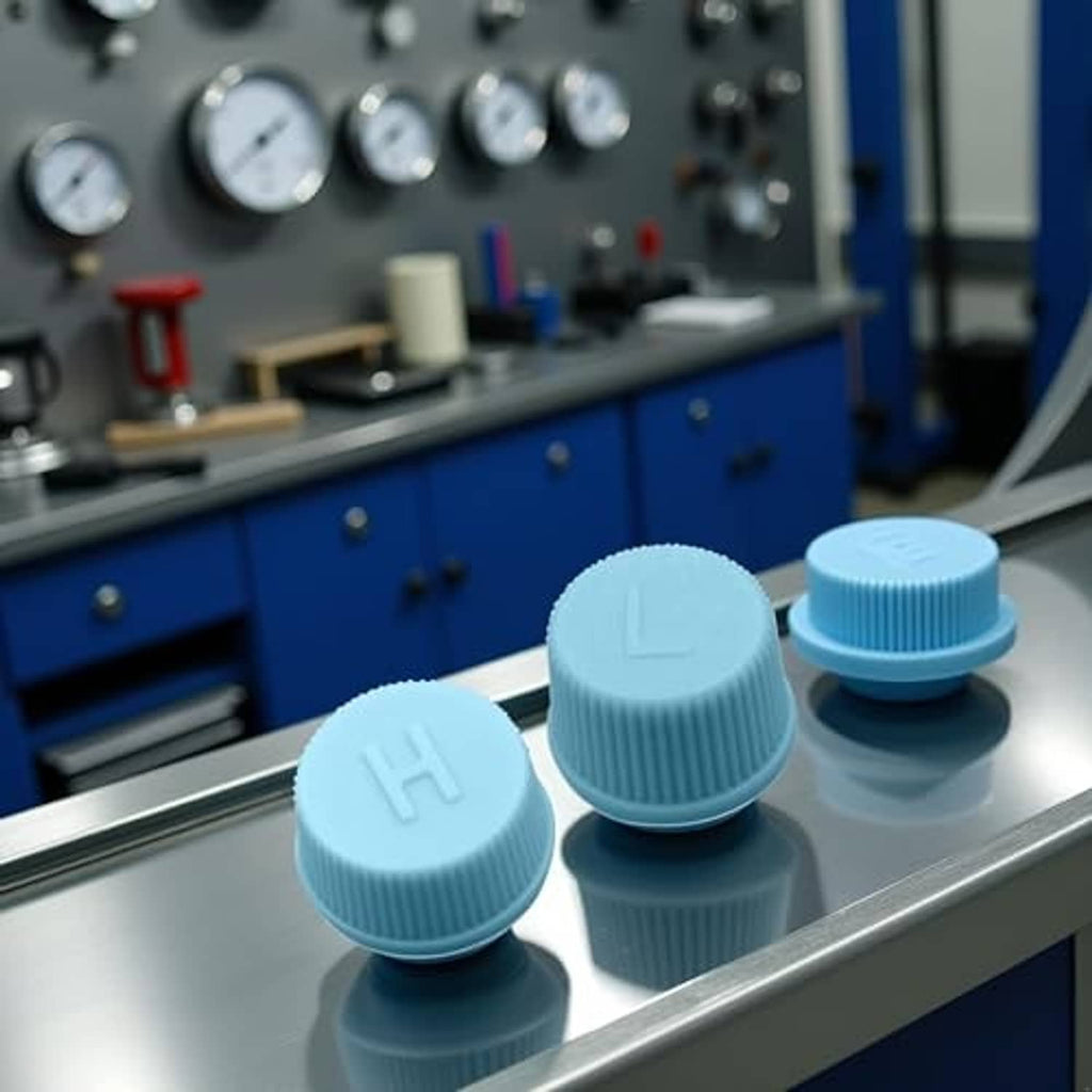 Light blue A/C valve caps with ribbed grip and H marks, three caps on tray