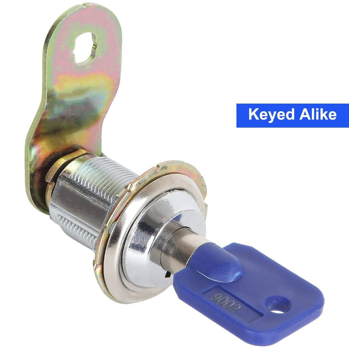 Keyed-alike cam lock with rainbow zinc cam, chrome cylinder, and blue key