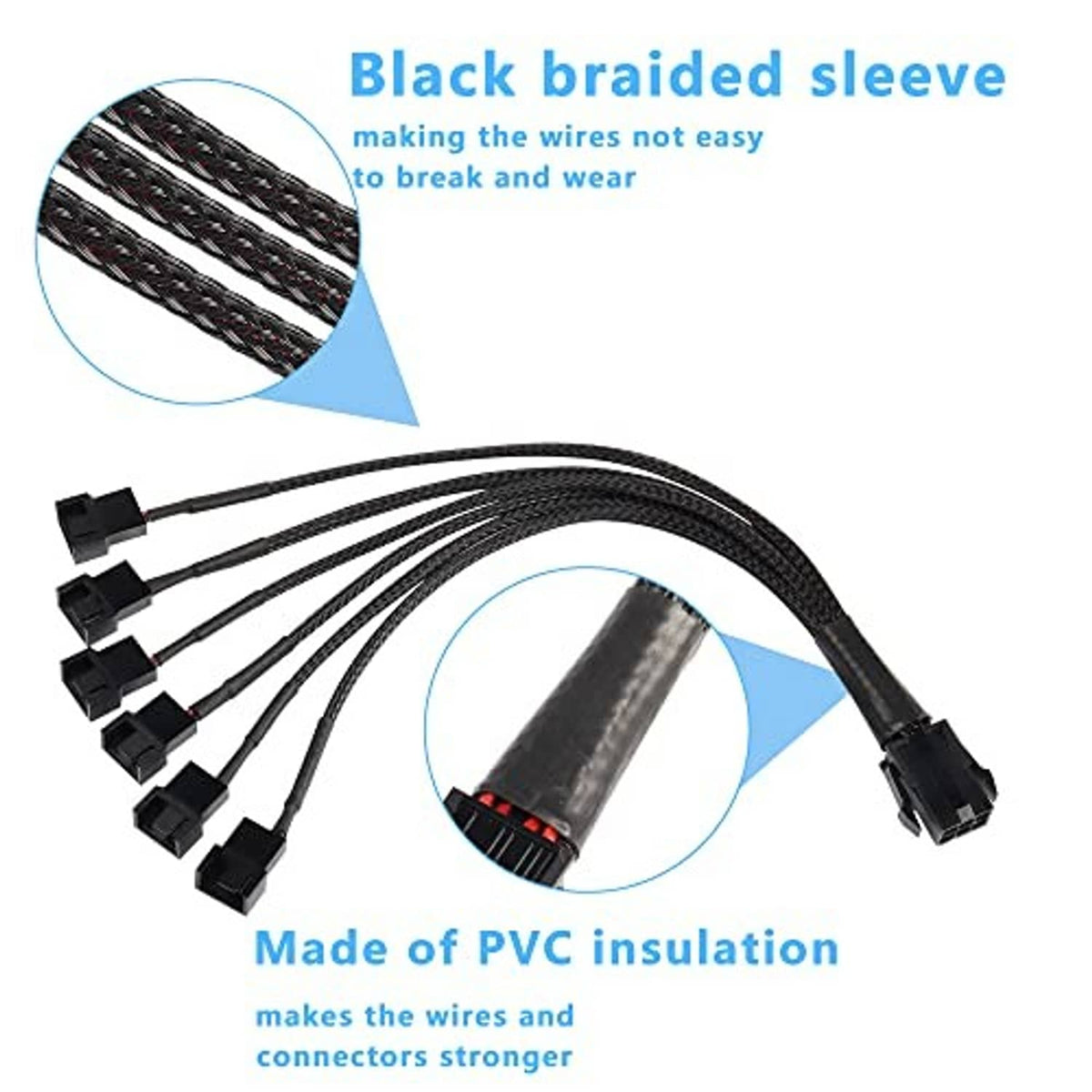 Black braided sleeve fan power splitter cable with PVC insulation for connectors