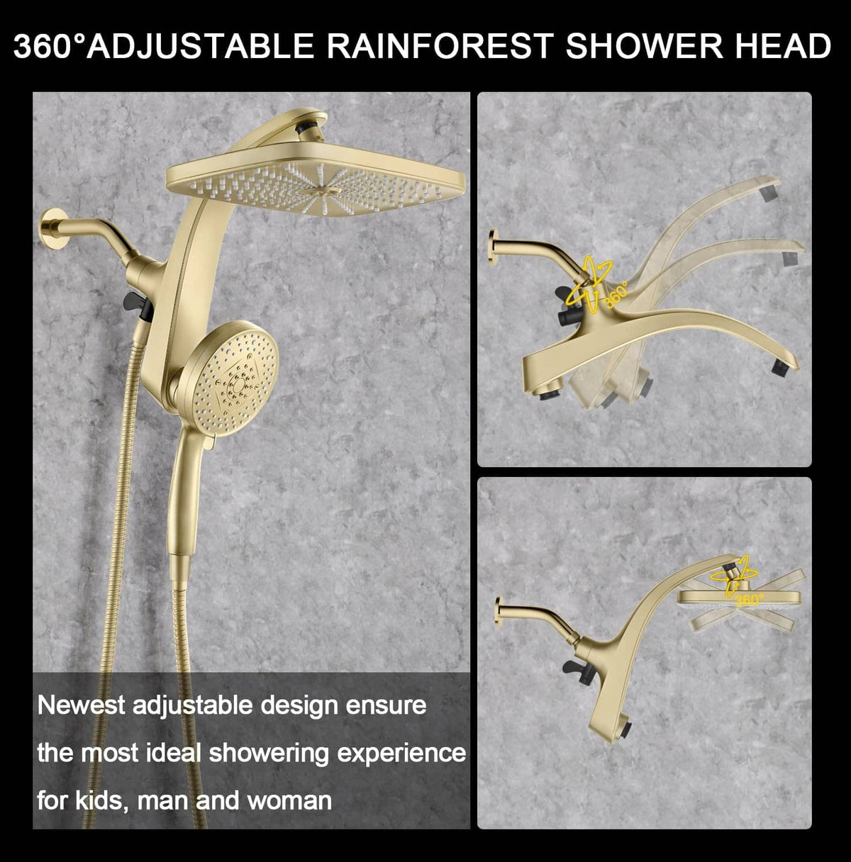 Gold 360° adjustable rain shower head set with handheld sprayer and adjustable shower arm