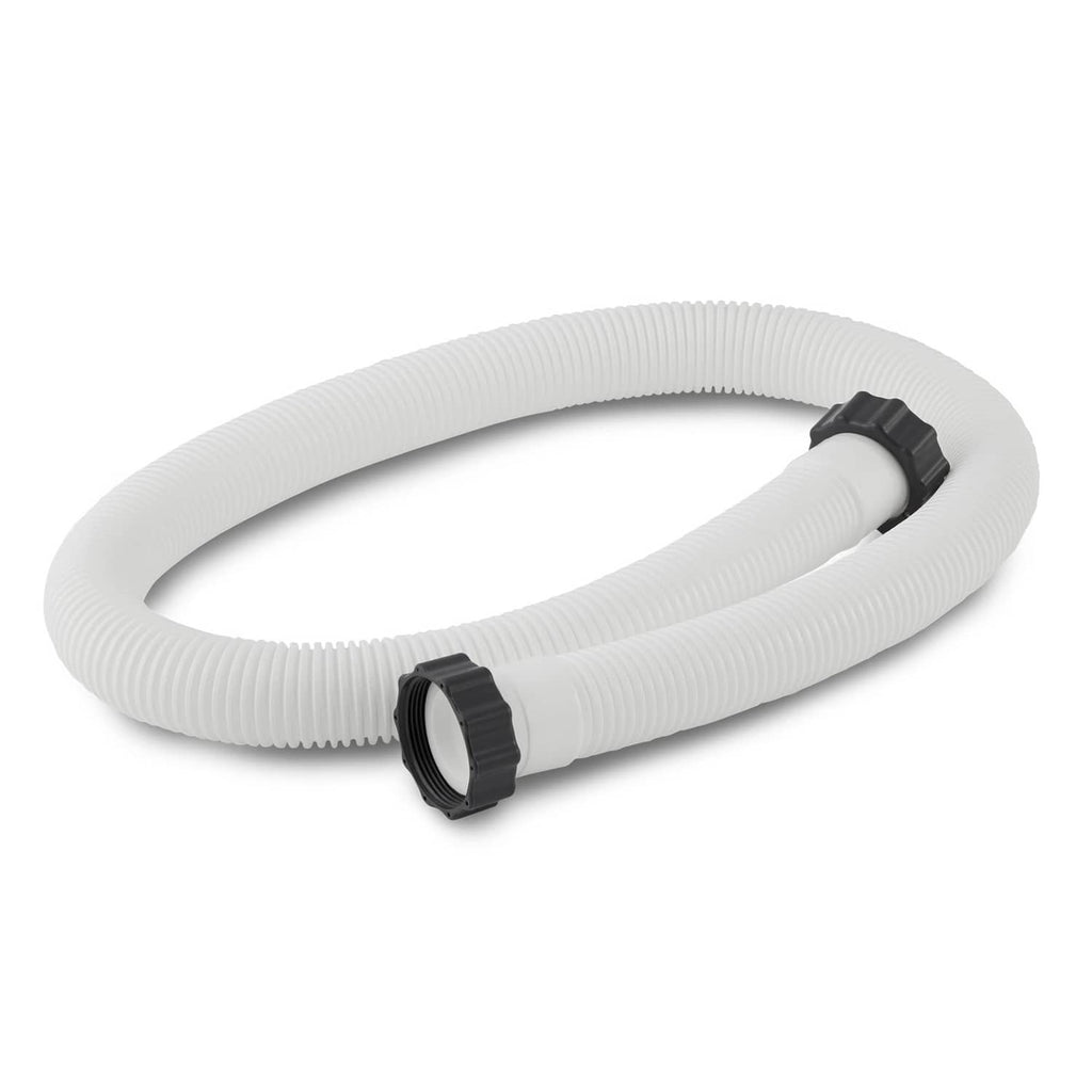 White ribbed pool filter pump hose with black threaded end couplers
