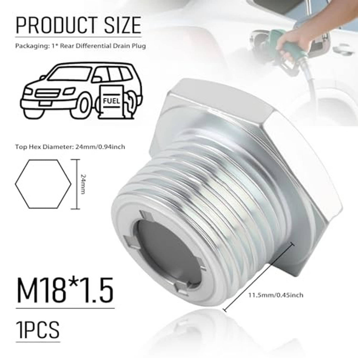 Silver rear differential drain plug with hex top and ribbed threads