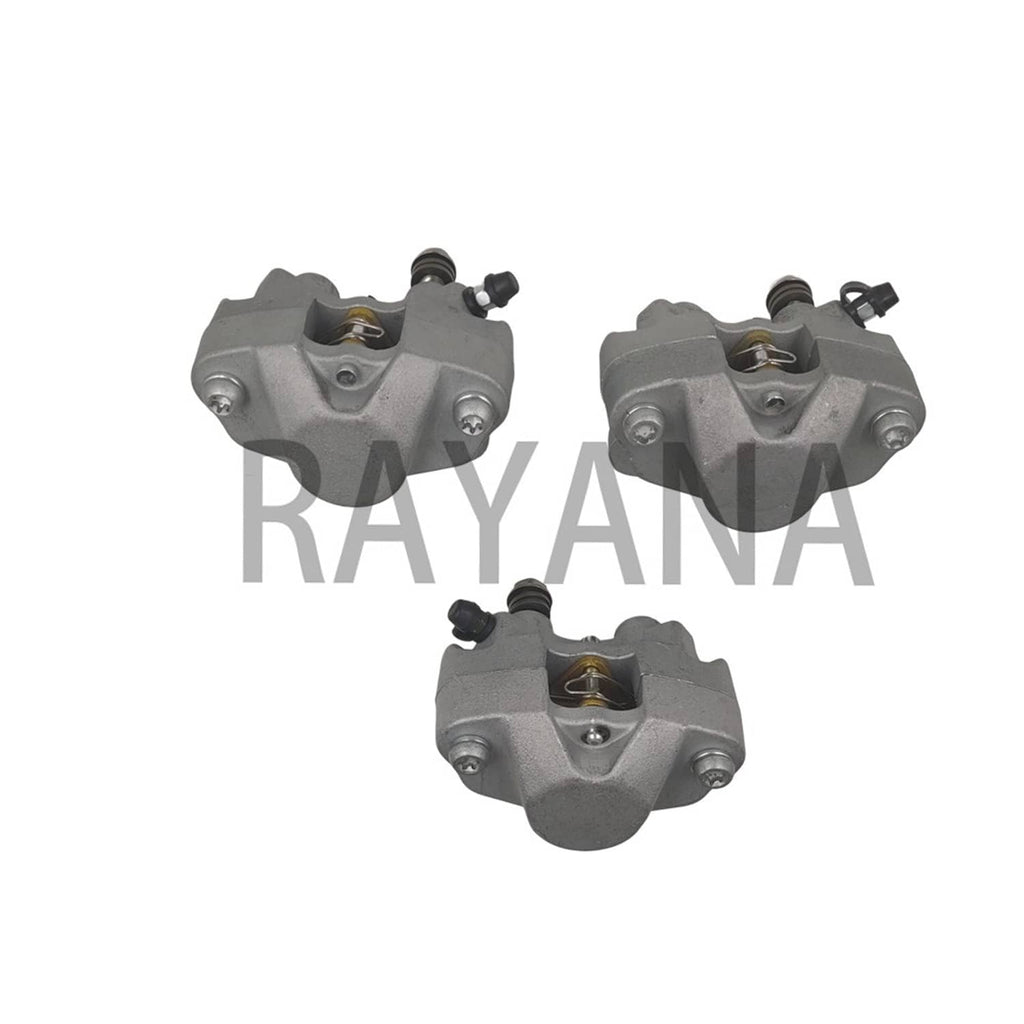 Three views of front brake caliper with grey cast housing and top hydraulic fitting
