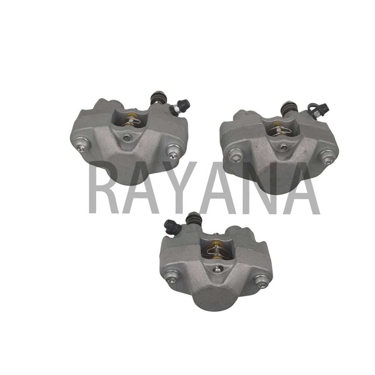 Three views of front brake caliper with grey cast housing and top hydraulic fitting