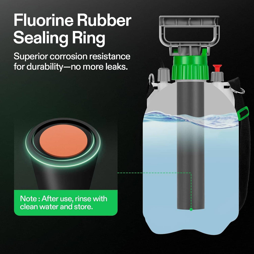 4L pump sprayer tank with green collar and fluorine rubber sealing ring detail