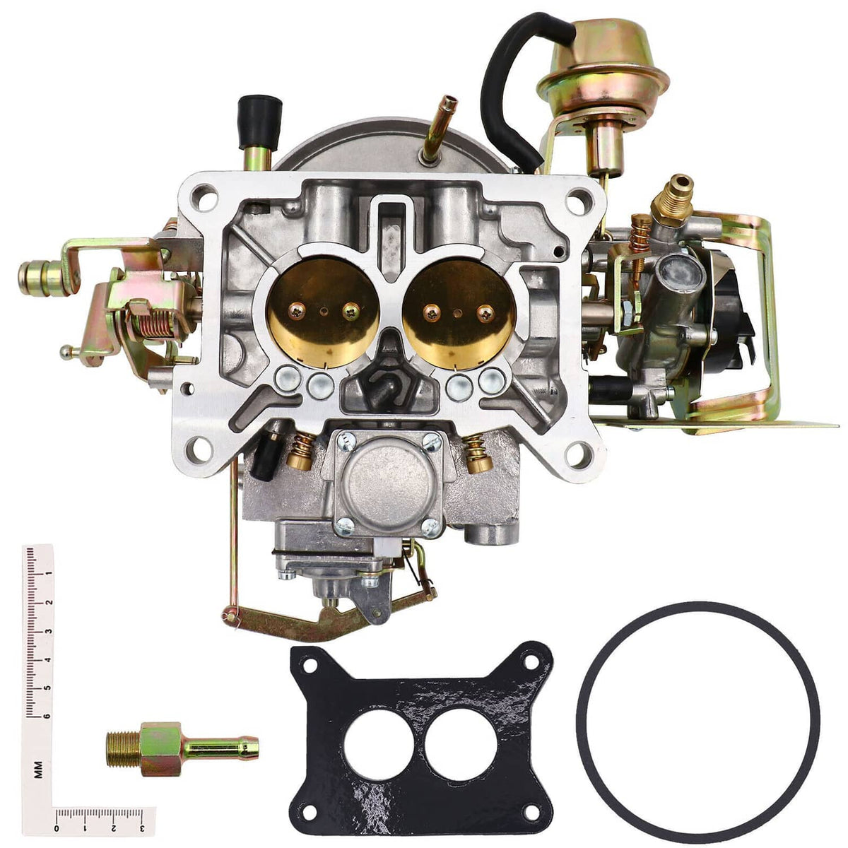 Two-barrel carburetor with round throttle bores and rainbow-colored cover hardware