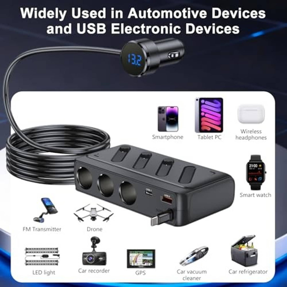Black 3-socket car power splitter with retractable cable and USB-C output plug