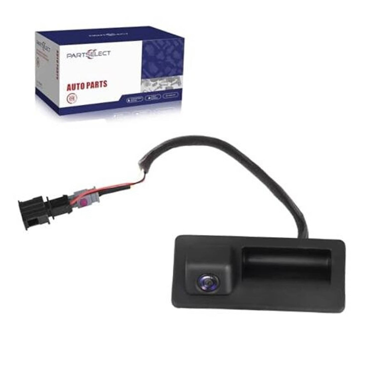 Rear hatch backup camera with black housing and attached wiring harness