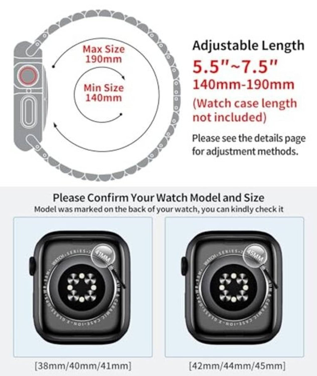 Apple Watch size guide diagram showing min and max compatible case sizes