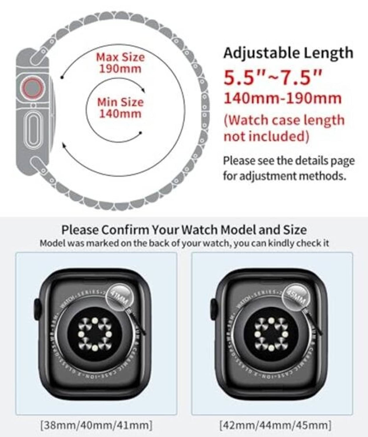 Apple Watch size guide diagram showing min and max compatible case sizes