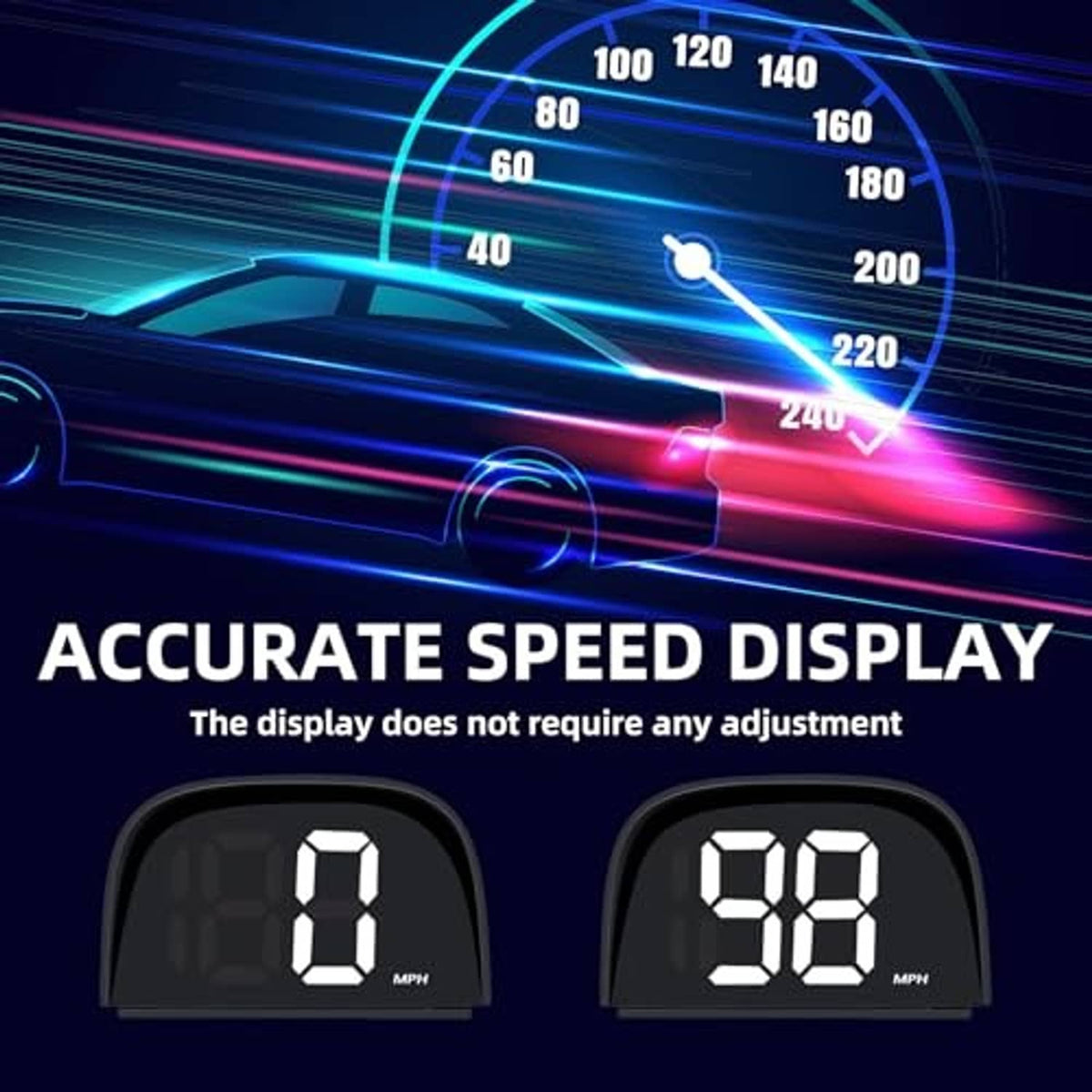 GPS digital speedometer HUD showing LED MPH digits on the black display