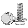 Flanged hex head bolts with threaded shafts, shiny silver metal finish