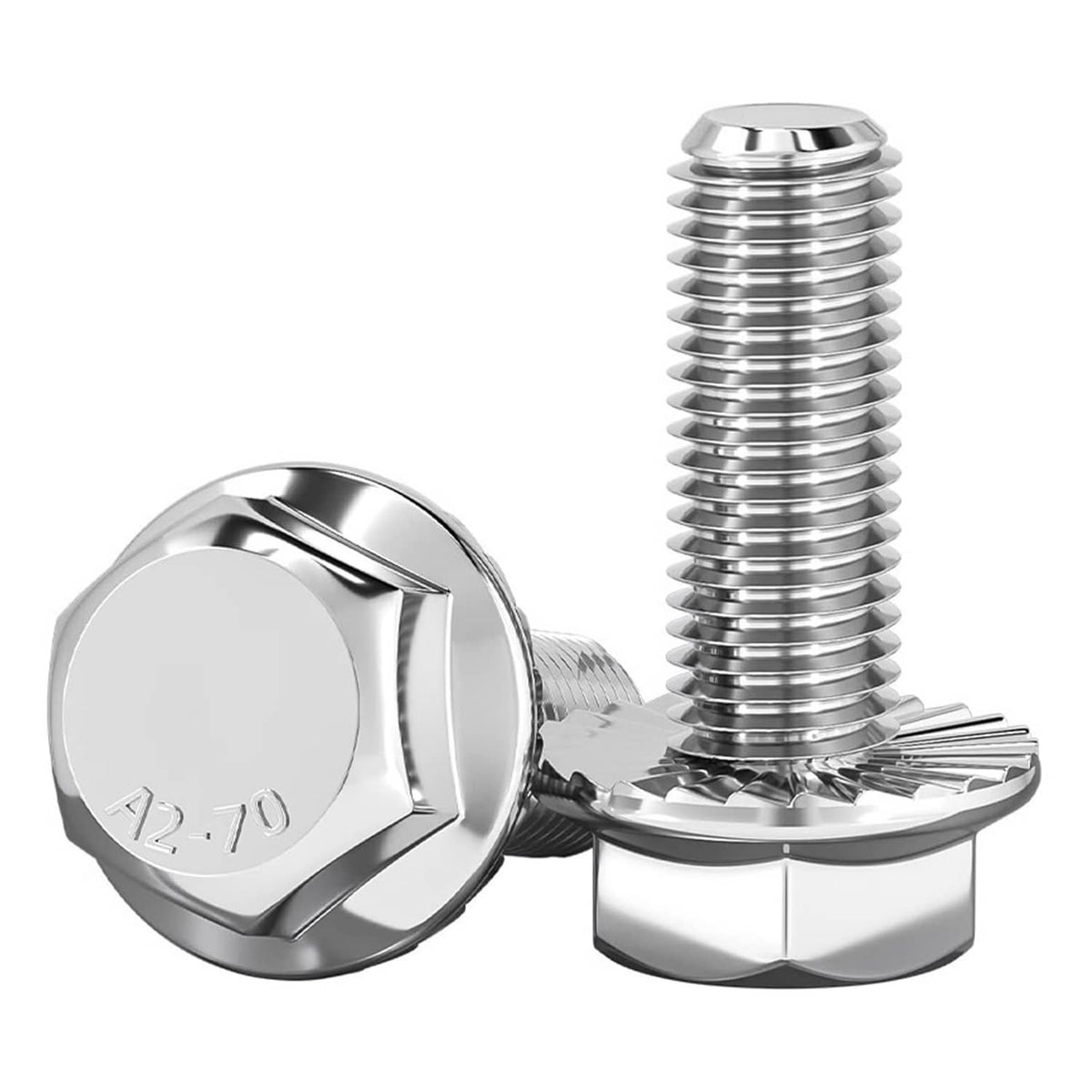 Flanged hex head bolts with threaded shafts, shiny silver metal finish