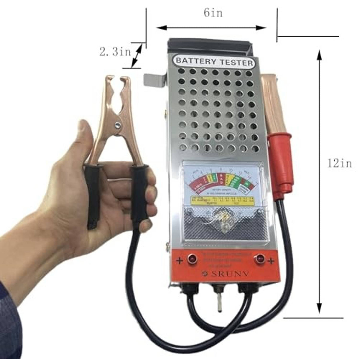 Battery tester with red and black alligator clips held in hand