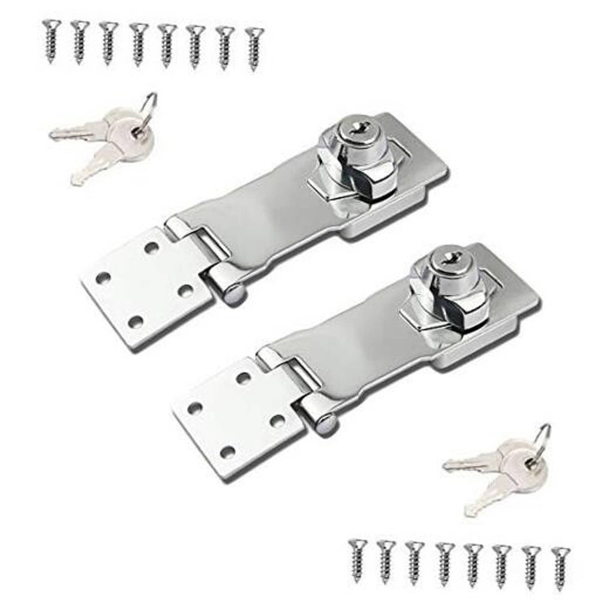 Set of 2 keyed hasp locks with twist knobs, keys, and screws, silver metal plates