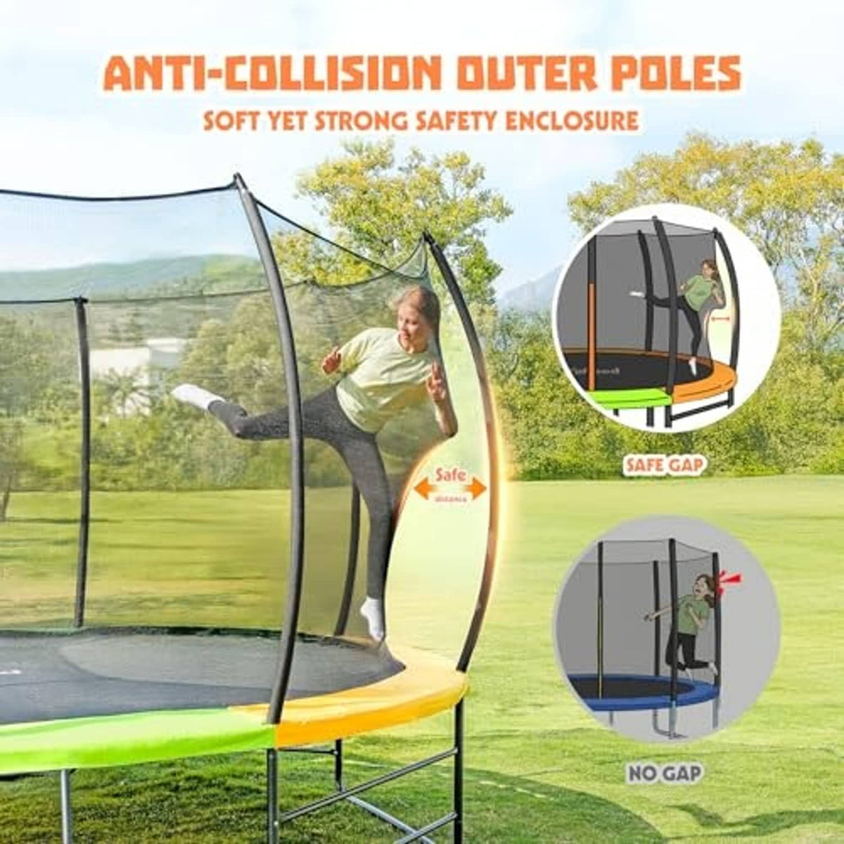 Trampoline safety enclosure with padded black poles and yellow-green jumping surface