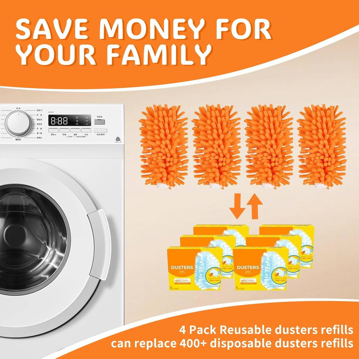 Orange microfiber duster refill set with yellow handles, shown with washer and 4-pack layout.